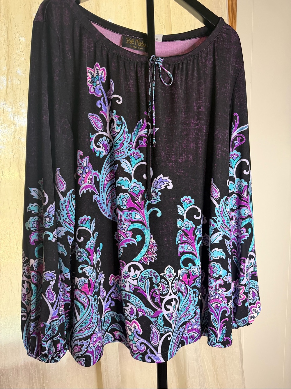 Bob Mackie Black Blouse with Purple & Turquoise Paisley Print